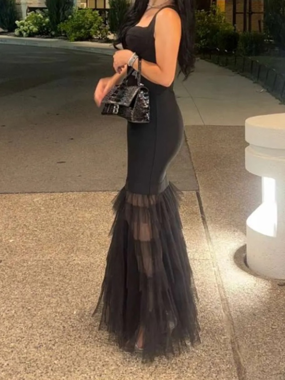 Elegant Black Mesh-Hem Bodycon Dress